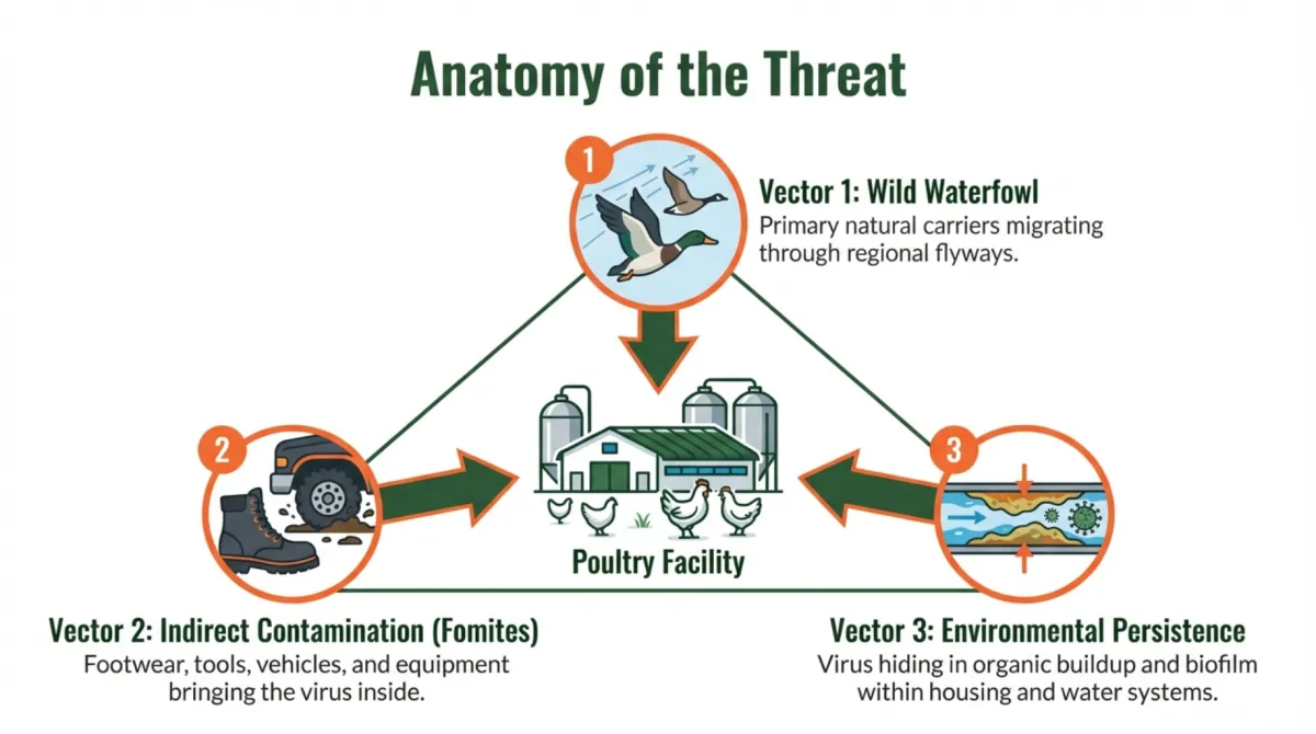 alt="Anatomy of the Threat — HPAI pathways into a poultry facility: Vector 1 wild waterfowl as primary natural carriers migrating through regional flyways; Vector 2 indirect contamination (fomites) from footwear, tools, vehicles, and equipment bringing virus inside; Vector 3 environmental persistence with virus hiding in organic buildup and biofilm within housing and water systems"