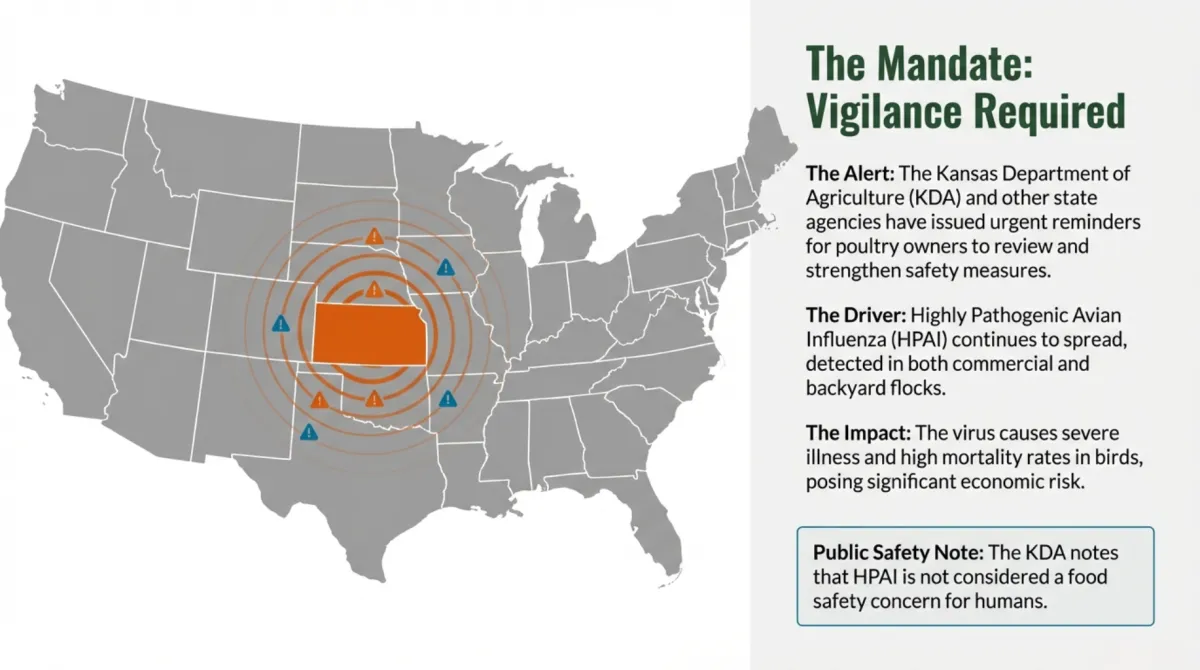 alt="The Mandate: Vigilance Required — Kansas Department of Agriculture (KDA) and state agencies urge poultry owners to review and strengthen safety measures; HPAI continues to spread in commercial and backyard flocks; severe illness and high mortality in birds create significant economic risk; public safety note: KDA says HPAI is not considered a food safety concern for humans"