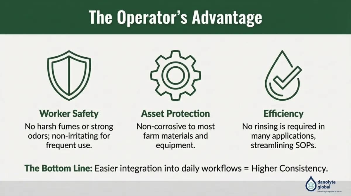 alt="The Operator’s Advantage — Worker Safety: no harsh fumes or strong odors, non-irritating for frequent use; Asset Protection: non-corrosive to most farm materials and equipment; Efficiency: no rinsing required in many applications, streamlining SOPs; bottom line: easier integration into daily workflows equals higher consistency"