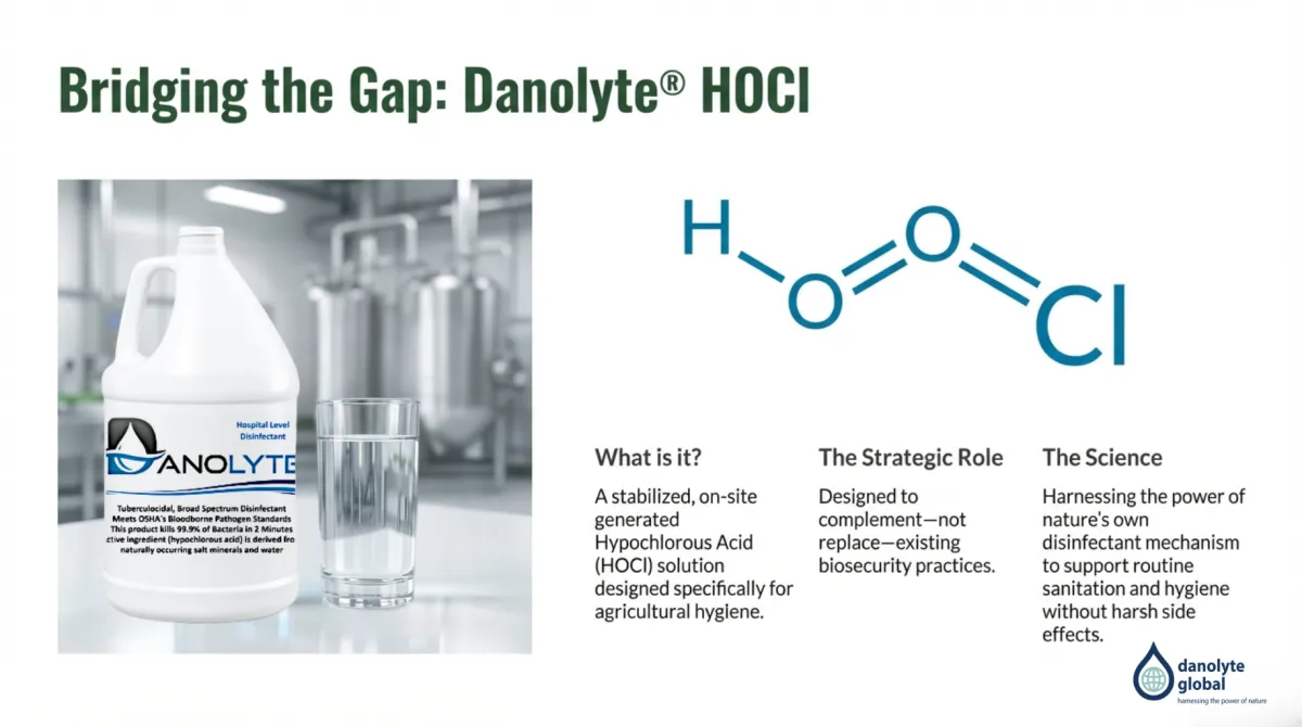 alt="Bridging the Gap: Danolyte HOCl — stabilized on-site generated hypochlorous acid solution designed for agricultural hygiene; strategic role complements—not replaces—existing biosecurity practices; science harnesses nature’s disinfectant mechanism to support routine sanitation and hygiene without harsh side effects (HOCl chemical structure shown)"