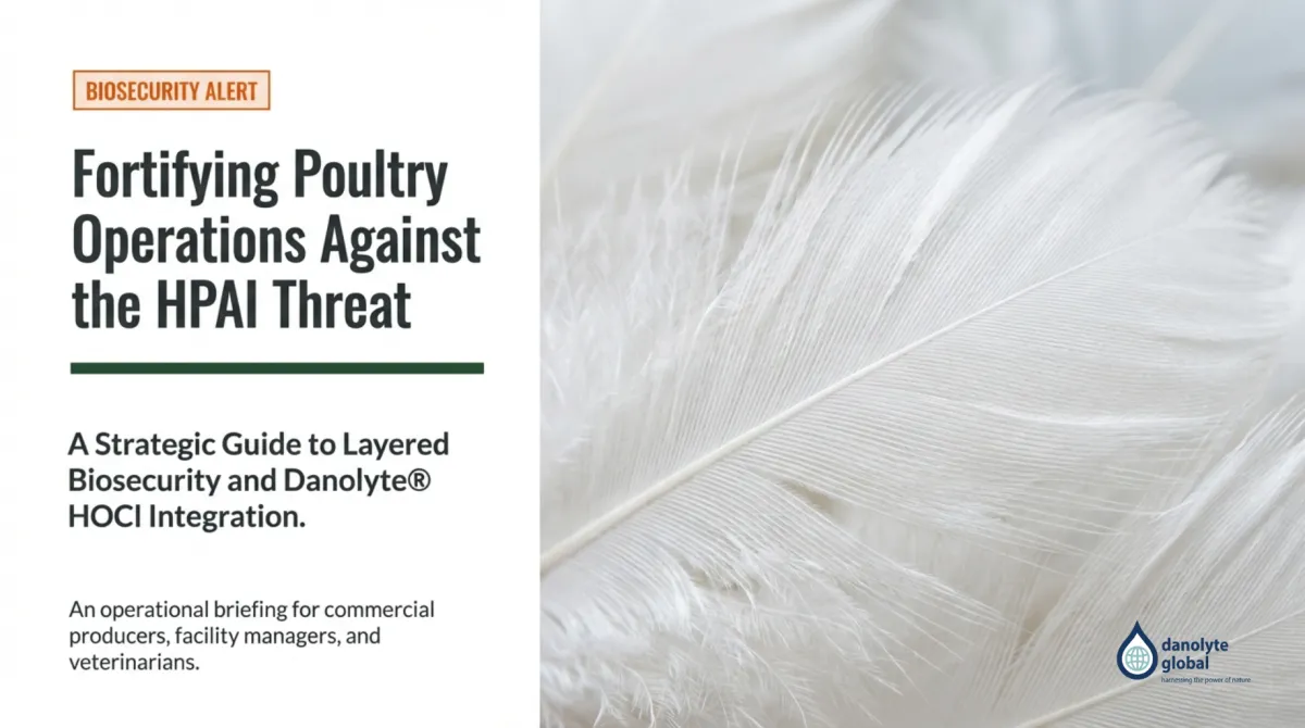 alt="Biosecurity Alert: Fortifying Poultry Operations Against the HPAI Threat — a strategic guide to layered biosecurity and Danolyte HOCl integration for commercial producers, facility managers, and veterinarians"