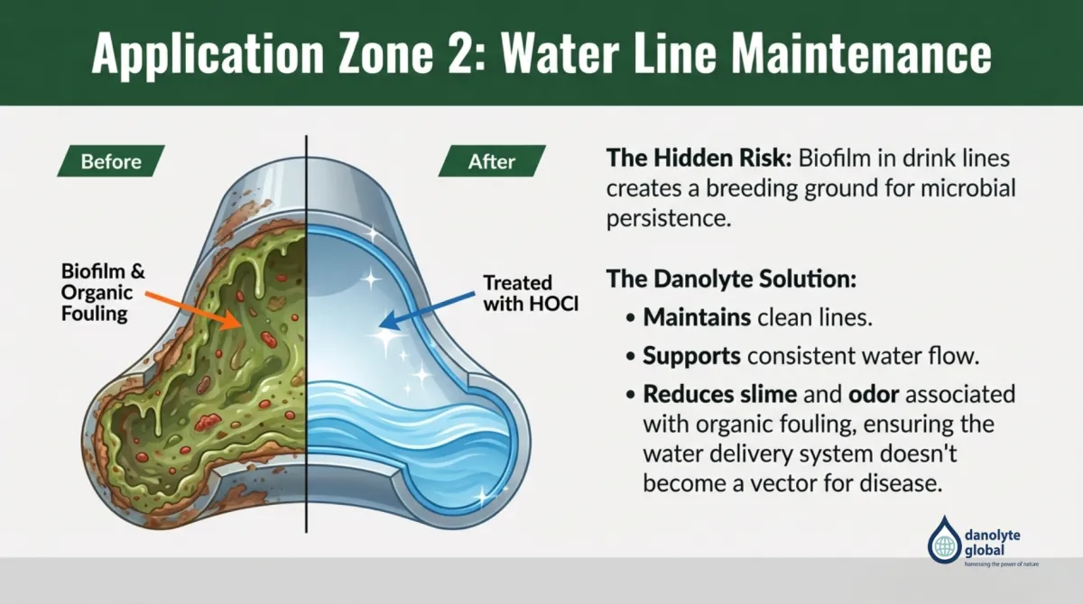 alt="Application Zone 2: Water Line Maintenance — hidden risk: biofilm in drink lines creates a breeding ground for microbial persistence; before shows biofilm and organic fouling, after shows treated with HOCl; Danolyte solution maintains clean lines, supports consistent water flow, and reduces slime and odor so the water delivery system does not become a vector for disease"