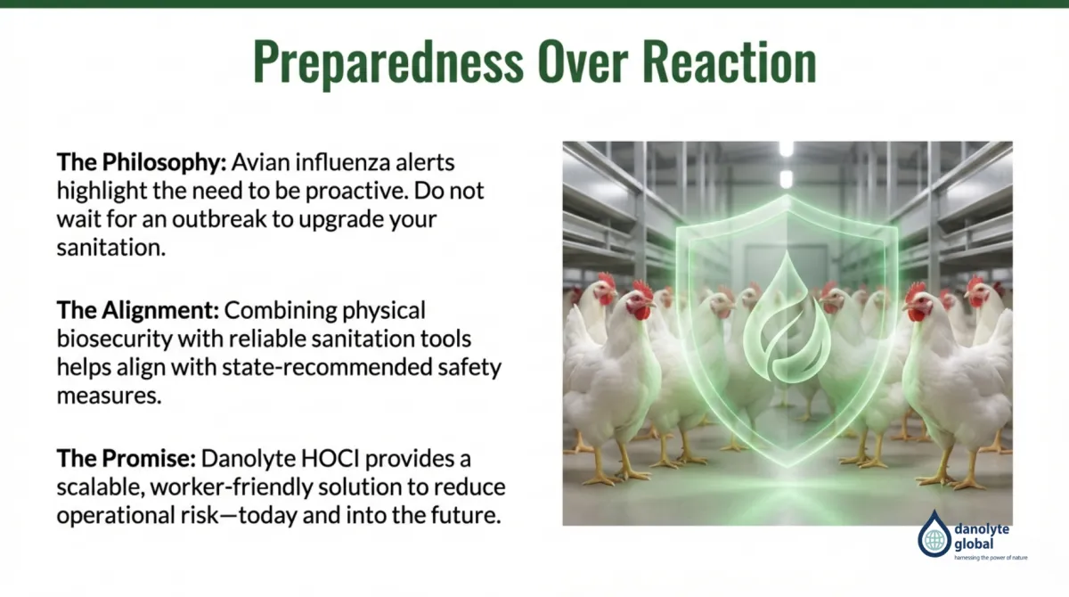 alt="Preparedness Over Reaction — philosophy: avian influenza alerts require proactive sanitation upgrades; alignment: combine physical biosecurity with reliable sanitation tools to align with state-recommended safety measures; promise: Danolyte HOCl provides a scalable, worker-friendly solution to reduce operational risk today and into the future (flock protected by shield graphic)"
