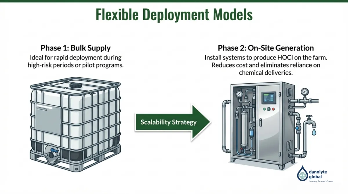 alt="Flexible Deployment Models — Phase 1 Bulk Supply for rapid deployment during high-risk periods or pilot programs; Phase 2 On-Site Generation installs systems to produce HOCl on the farm, reducing cost and eliminating reliance on chemical deliveries; scalability strategy from tote supply to generator-based production"
