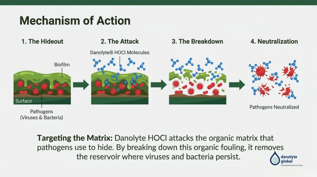 alt="Mechanism of Action — 1 The Hideout: pathogens (viruses and bacteria) protected by biofilm on surfaces; 2 The Attack: Danolyte HOCl molecules penetrate the matrix; 3 The Breakdown: organic fouling and biofilm are broken apart; 4 Neutralization: pathogens neutralized; targeting the matrix removes the reservoir where viruses and bacteria persist"