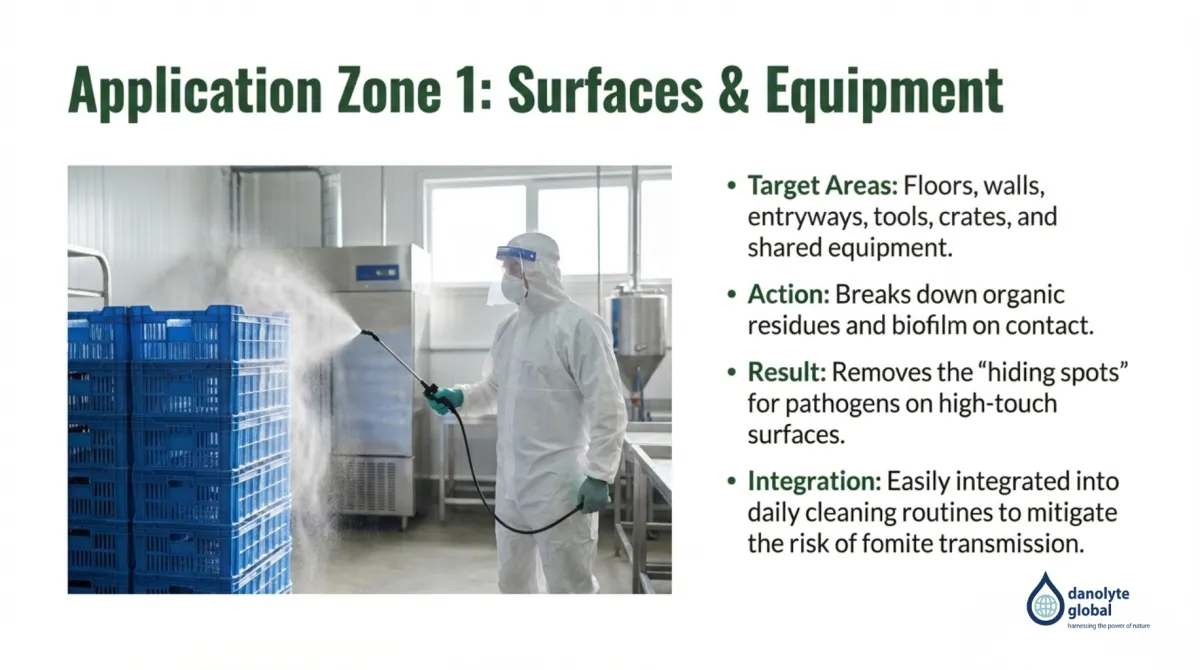alt="Application Zone 1: Surfaces and Equipment — target areas include floors, walls, entryways, tools, crates, and shared equipment; action breaks down organic residues and biofilm on contact; result removes pathogen hiding spots on high-touch surfaces; integration fits daily cleaning routines to mitigate risk of fomite transmission"