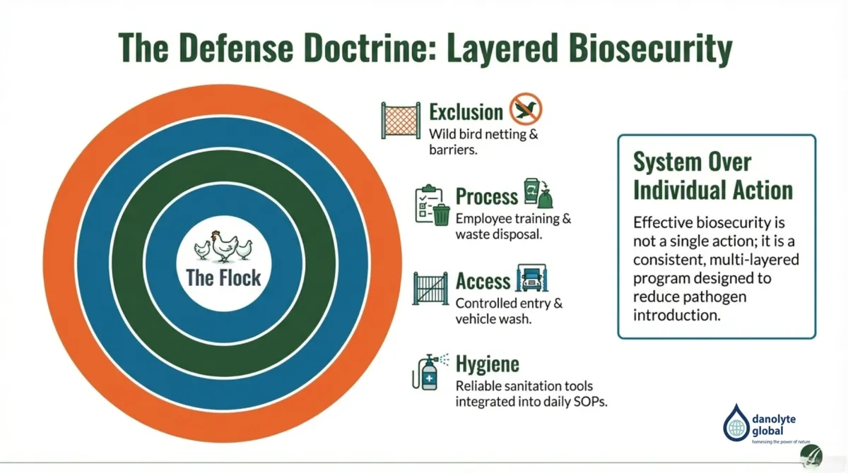 alt="The Defense Doctrine: Layered Biosecurity — System Over Individual Action; effective biosecurity is consistent and multi-layered to reduce pathogen introduction: Exclusion (wild bird netting and barriers), Process (employee training and waste disposal), Access (controlled entry and vehicle wash), Hygiene (reliable sanitation tools integrated into daily SOPs) to protect the flock"