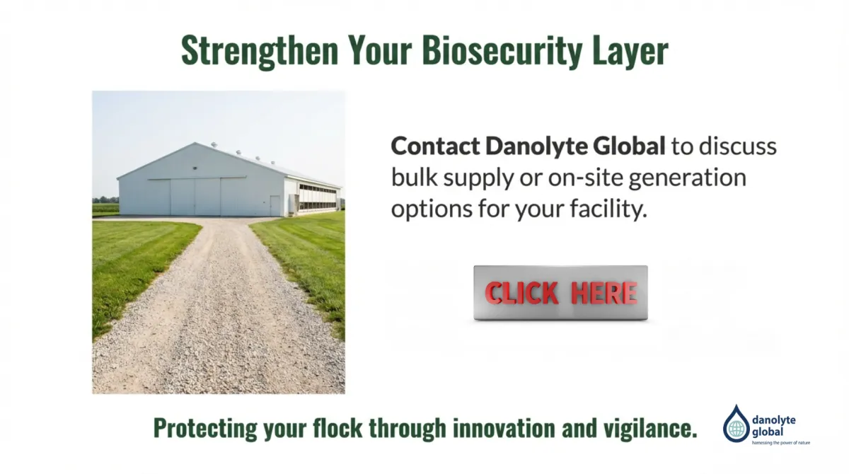 alt="Strengthen Your Biosecurity Layer — contact Danolyte Global to discuss bulk supply or on-site generation options for your poultry facility; protecting your flock through innovation and vigilance (facility driveway photo with Click Here button)"