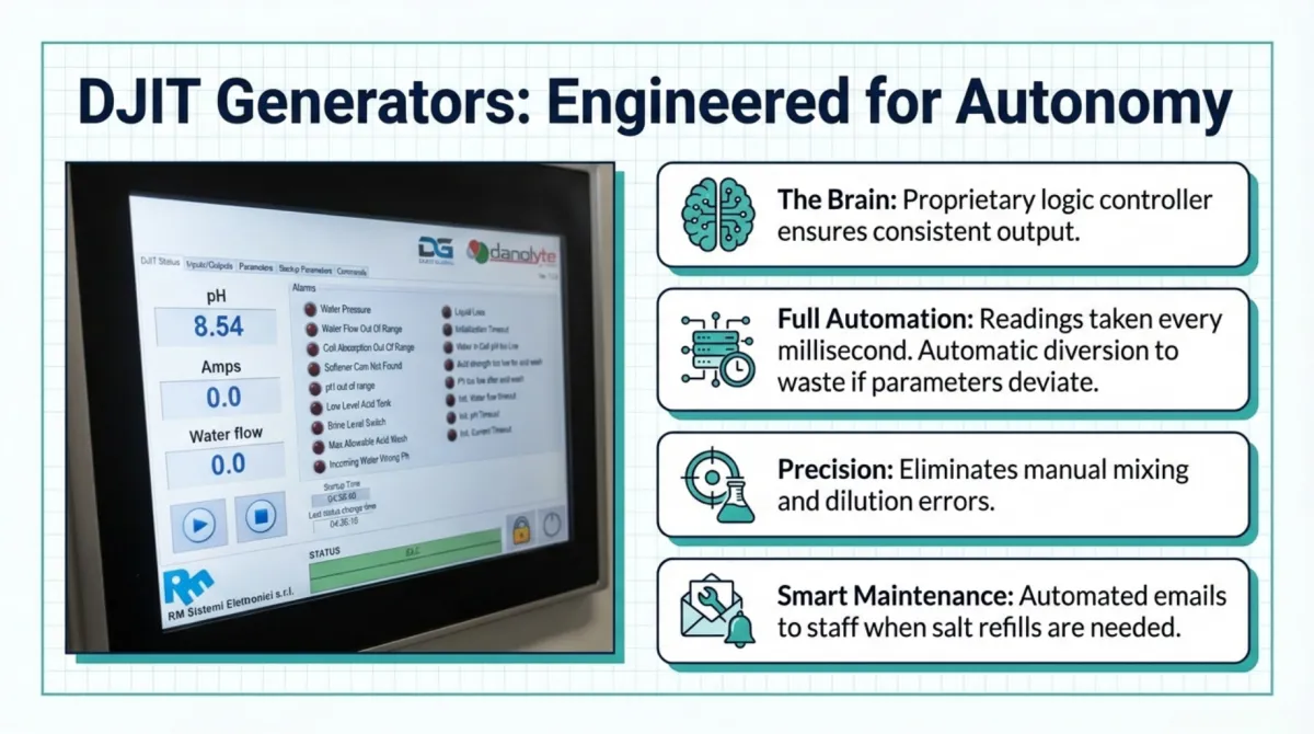 alt="DJIT Generators: Engineered for Autonomy — proprietary logic controller ensures consistent output; full automation with readings every millisecond and automatic diversion to waste if parameters deviate; precision eliminates manual mixing and dilution errors; smart maintenance sends automated emails when salt refills are needed (display shows system parameters like pH and alarms)"