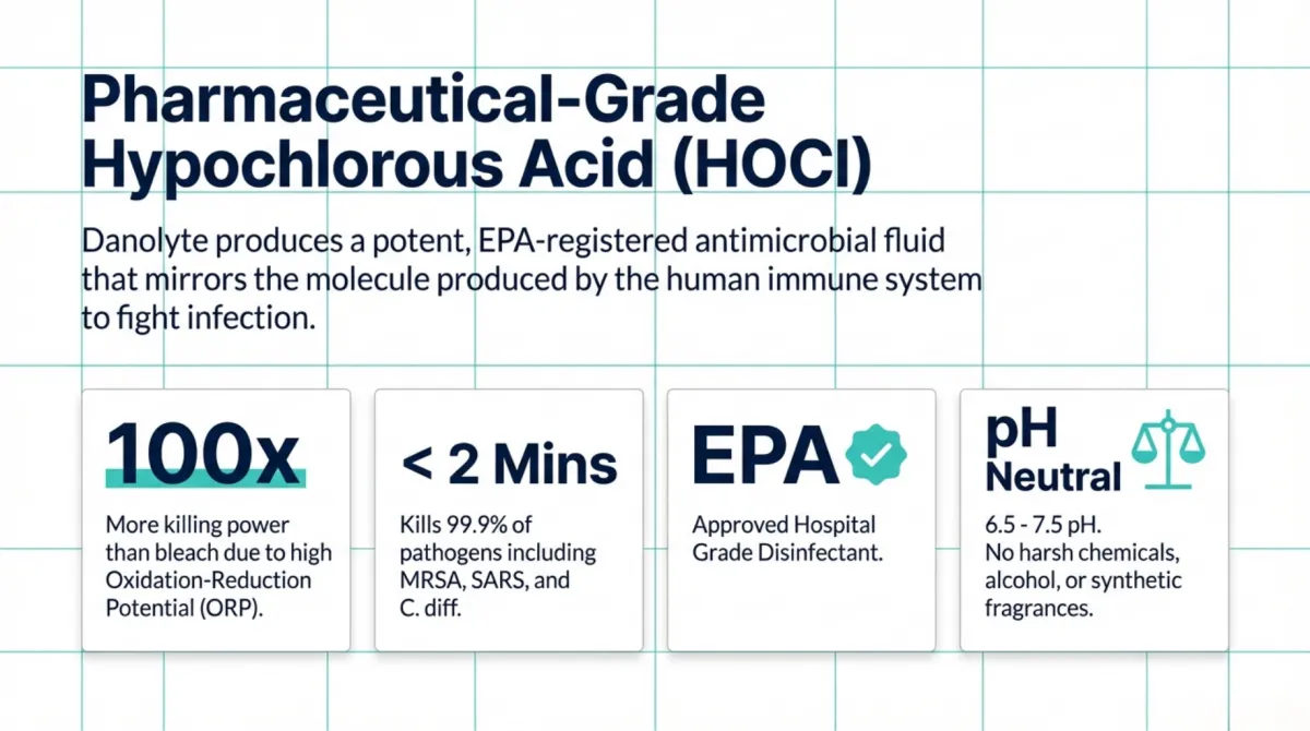 alt="Pharmaceutical-Grade Hypochlorous Acid (HOCl) — Danolyte produces a potent, EPA-registered antimicrobial fluid that mirrors the molecule produced by the human immune system; 100x more killing power than bleach due to high ORP, kills 99.9% of pathogens in under 2 minutes including MRSA, SARS, and C. diff; EPA approved hospital-grade disinfectant; pH neutral 6.5–7.5 with no harsh chemicals, alcohol, or synthetic fragrances"