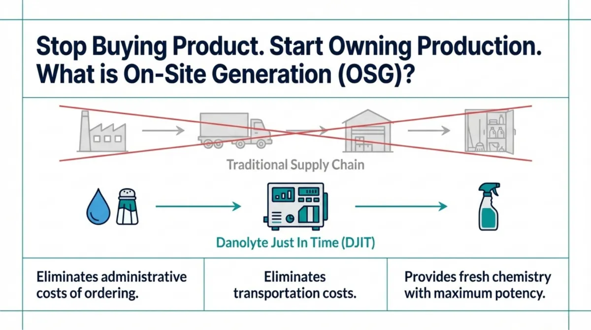 alt="The Hidden Burden of Traditional Chemical Ordering — supply chain risk (backorders, shipping delays, stock-outs), logistical waste (shipping water weight and large storage footprints), inconsistent quality (degradation and toxic stabilizers), and safety hazards from handling concentrated toxic chemicals"