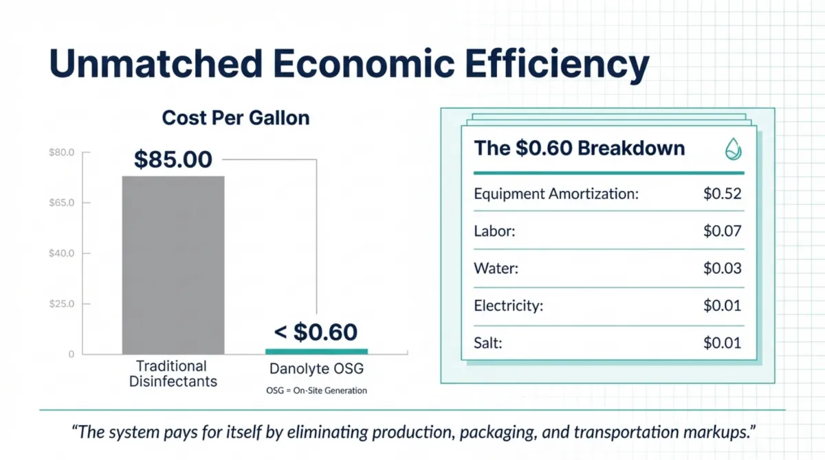 alt="Unmatched Economic Efficiency cost per gallon — traditional disinfectants $85.00 per gallon vs Danolyte OSG (on-site generation) under $0.60 per gallon; $0.60 breakdown: equipment amortization $0.52, labor $0.07, water $0.03, electricity $0.01, salt $0.01; system pays for itself by eliminating production, packaging, and transportation markups"