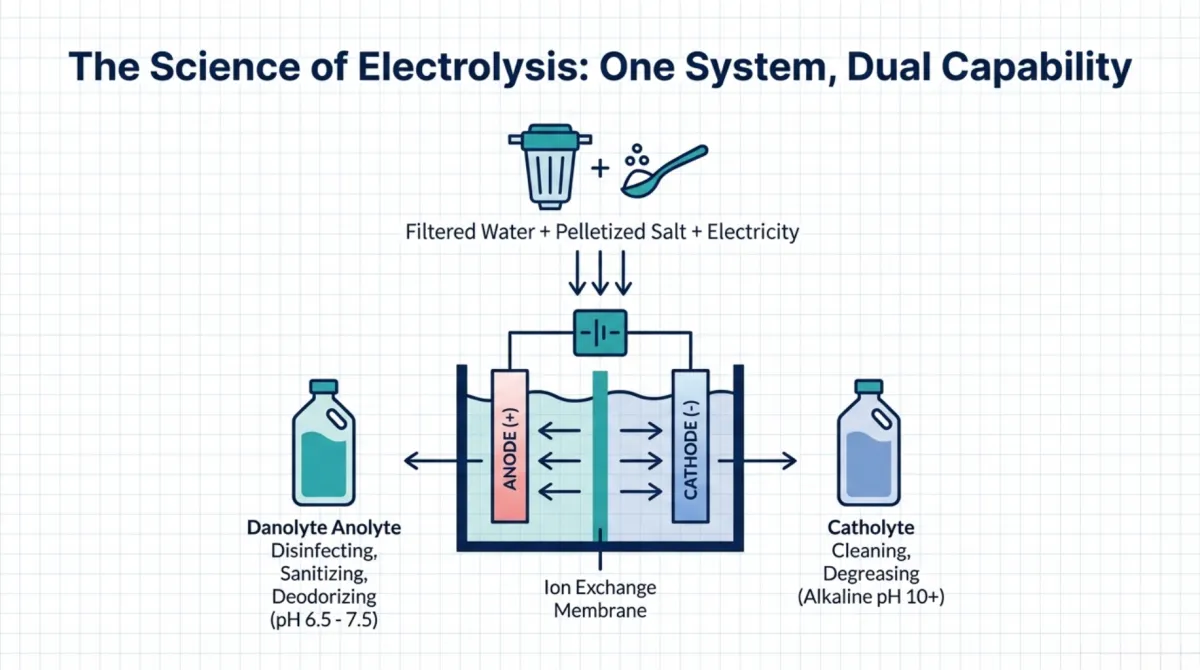 alt="The Science of Electrolysis: One System, Dual Capability — filtered water + pelletized salt + electricity through an ion exchange membrane; produces Danolyte anolyte for disinfecting, sanitizing, deodorizing (pH 6.5–7.5) and catholyte for cleaning and degreasing (alkaline pH 10+)"