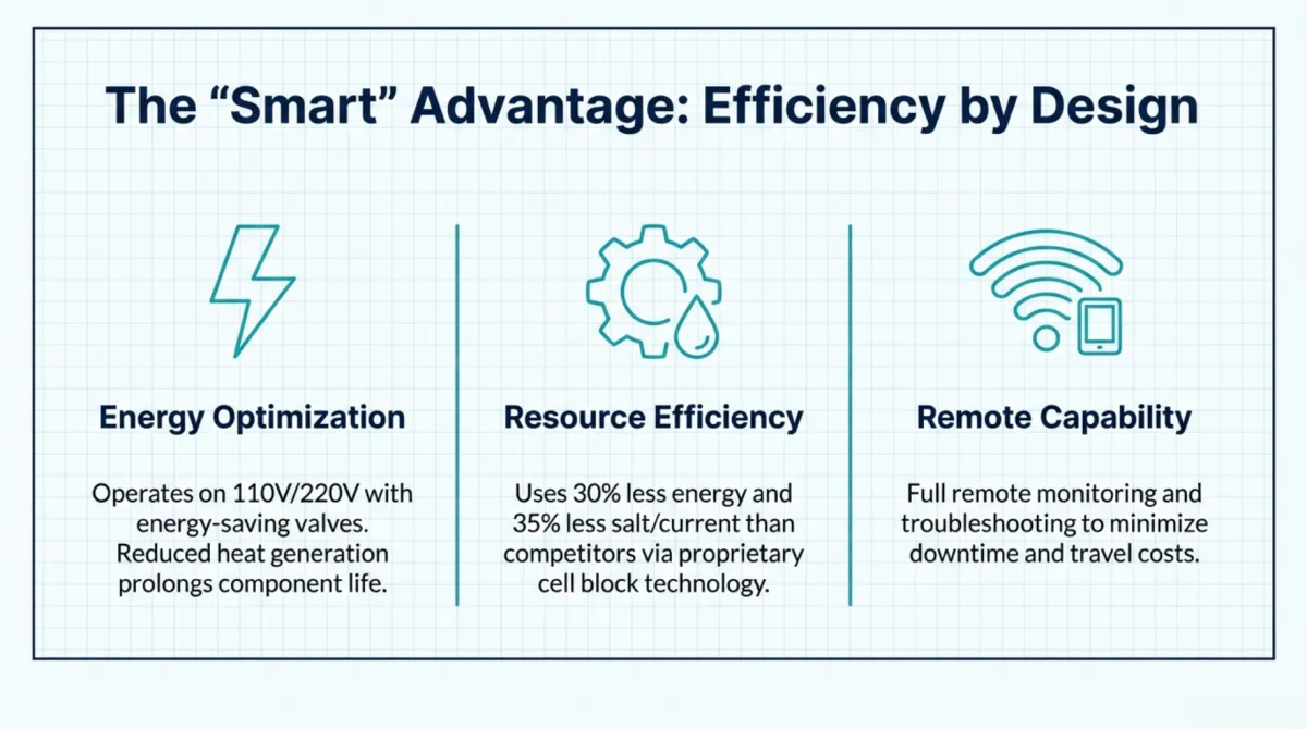 alt="The “Smart” Advantage: Efficiency by Design — energy optimization operates on 110V/220V with energy-saving valves and reduced heat generation to prolong component life; resource efficiency uses 30% less energy and 35% less salt/current than competitors via proprietary cell block technology; remote capability enables full remote monitoring and troubleshooting to minimize downtime and travel costs"
