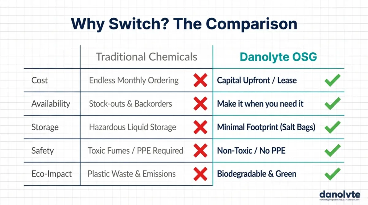 alt="Why Switch? The Comparison — Traditional chemicals: endless monthly ordering, stock-outs and backorders, hazardous liquid storage, toxic fumes and PPE required, plastic waste and emissions; Danolyte OSG: capital upfront or lease, make it when you need it, minimal footprint (salt bags), non-toxic with no PPE, biodegradable and green"