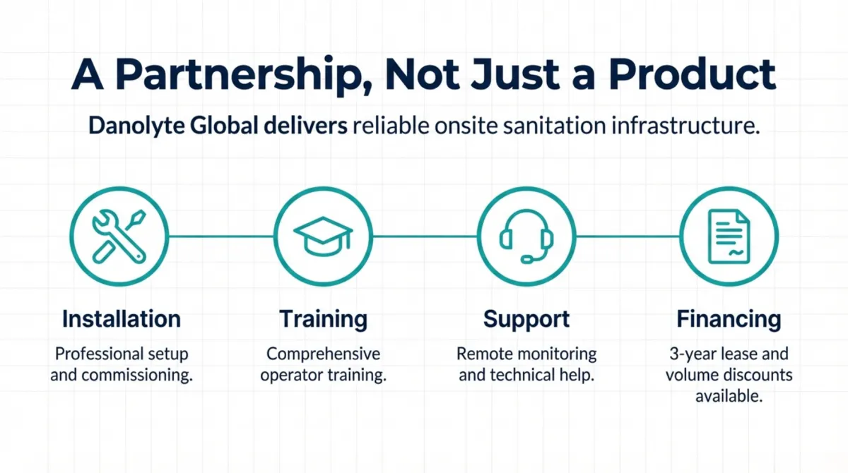 alt="A Partnership, Not Just a Product — Danolyte Global delivers reliable onsite sanitation infrastructure: Installation (professional setup and commissioning), Training (comprehensive operator training), Support (remote monitoring and technical help), and Financing (3-year lease and volume discounts available)"