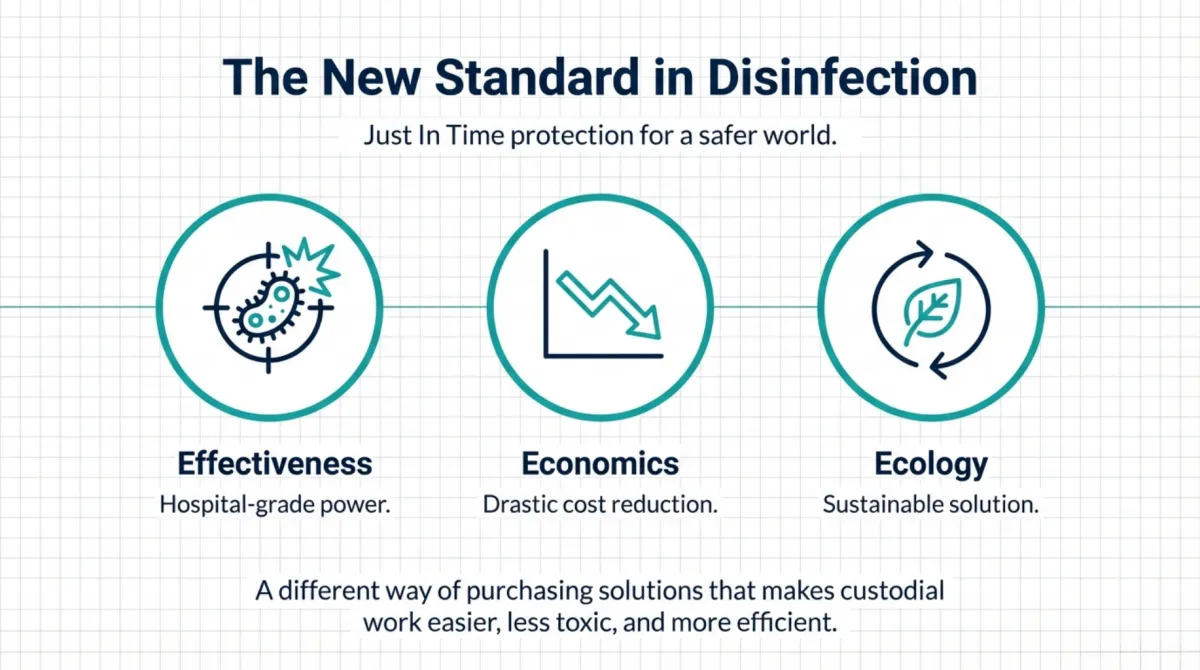 alt="Versatility Across Critical Industries — Healthcare: hospital-grade disinfection for high-touch surfaces, effective against bloodborne pathogens; Pharmaceutical & Biotech: validated chemistry with no stabilizers interfering with sensitive compounds; Food Service: safe for food contact with powerful degreasing; General Facilities: high-frequency, low-toxicity sanitation for schools and offices"