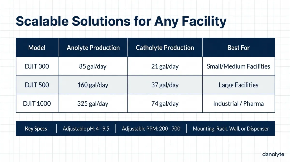 alt="Scalable Solutions for Any Facility — DJIT 300 produces 85 gal/day anolyte and 21 gal/day catholyte for small/medium facilities; DJIT 500 produces 160 gal/day anolyte and 37 gal/day catholyte for large facilities; DJIT 1000 produces 325 gal/day anolyte and 74 gal/day catholyte for industrial/pharma; key specs include adjustable pH 4–9.5, adjustable PPM 200–700, mounting options rack, wall, or dispenser"