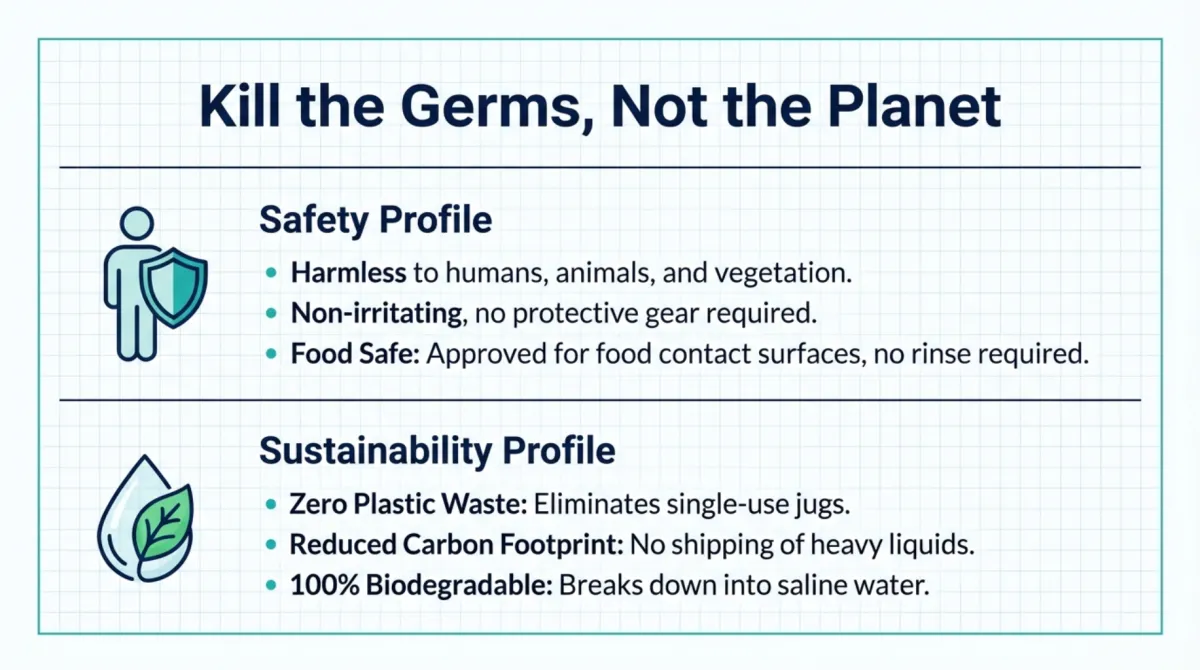 alt="The New Standard in Disinfection — Just In Time protection for a safer world: Effectiveness (hospital-grade power), Economics (drastic cost reduction), Ecology (sustainable solution); a different way of purchasing solutions that makes custodial work easier, less toxic, and more efficient"