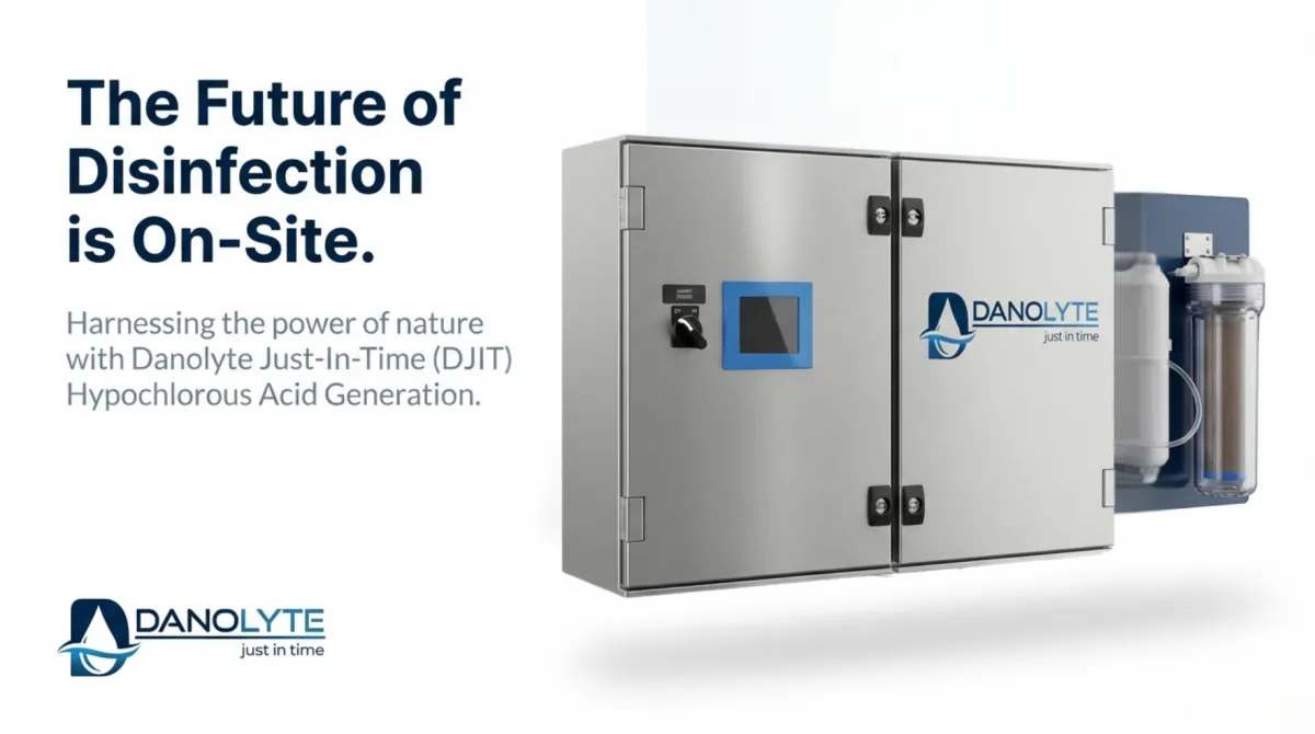 alt="The Future of Disinfection is On-Site — Danolyte Just-In-Time (DJIT) hypochlorous acid (HOCl) generation system, harnessing the power of nature for on-site disinfectant production"