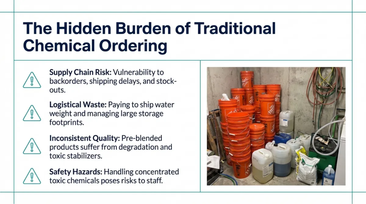 alt="Stop Buying Product. Start Owning Production. What is On-Site Generation (OSG)? — replaces traditional supply chain with Danolyte Just In Time (DJIT); eliminates administrative ordering costs, eliminates transportation costs, and provides fresh chemistry with maximum potency"