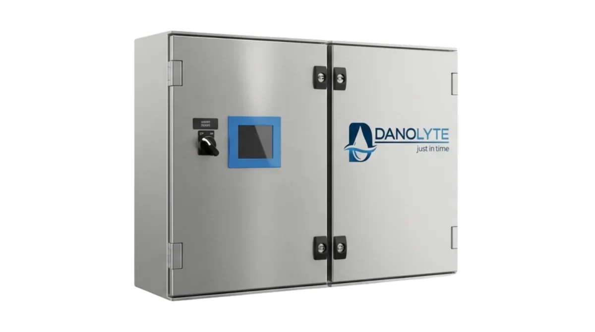 alt="Danolyte Just-In-Time DJIT hypochlorous acid generator cabinet for onsite HOCl disinfectant production"
