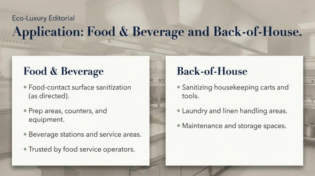 alt="Application: Food & Beverage and Back-of-House — food-contact surface sanitization (as directed); prep areas, counters, and equipment; beverage stations and service areas; trusted by food service operators; back-of-house uses include sanitizing housekeeping carts and tools, laundry and linen handling areas, and maintenance and storage spaces"