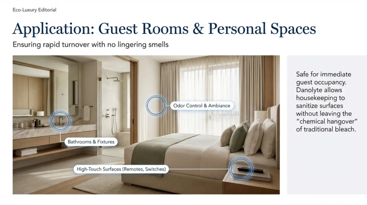 alt="Application: Guest Rooms & Personal Spaces — ensuring rapid turnover with no lingering smells; targets bathrooms and fixtures, high-touch surfaces (remotes, switches), and odor control & ambiance; safe for immediate guest occupancy and avoids the 'chemical hangover' of traditional bleach"