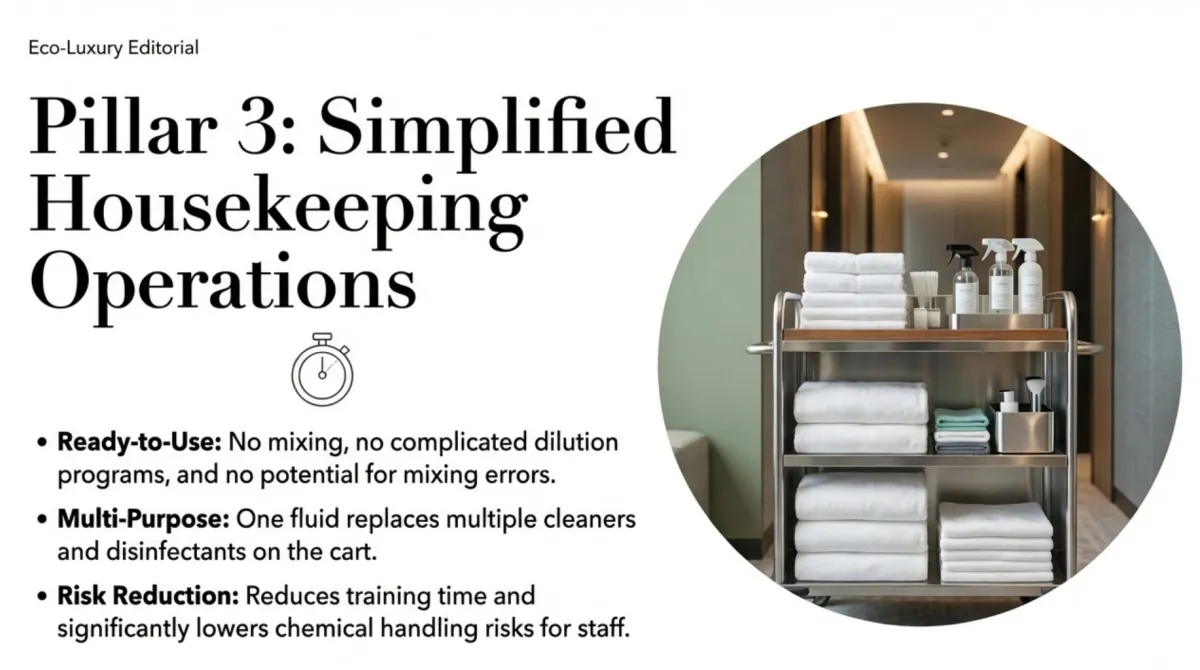 alt="Pillar 3: Simplified Housekeeping Operations — ready-to-use with no mixing, no complicated dilution programs, and fewer mixing errors; multi-purpose so one fluid replaces multiple cleaners and disinfectants; risk reduction lowers training time and reduces chemical handling risks for staff"