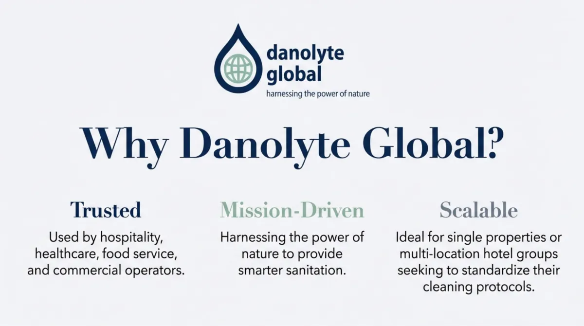 alt="Why Danolyte Global? — trusted by hospitality, healthcare, food service, and commercial operators; mission-driven: harnessing the power of nature to provide smarter sanitation; scalable for single properties or multi-location hotel groups seeking to standardize cleaning protocols"