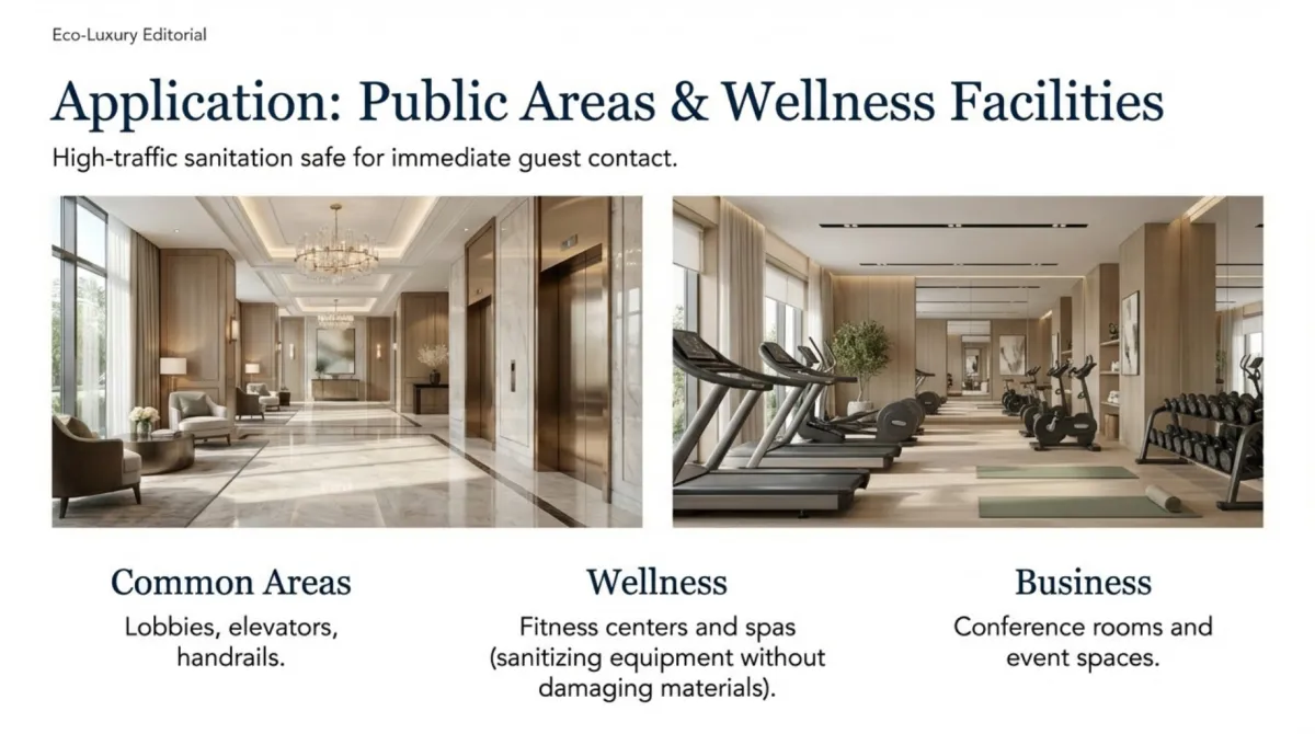 alt="Application: Public Areas & Wellness Facilities — high-traffic sanitation safe for immediate guest contact; common areas include lobbies, elevators, handrails; wellness includes fitness centers and spas (sanitizing equipment without damaging materials); business includes conference rooms and event spaces"