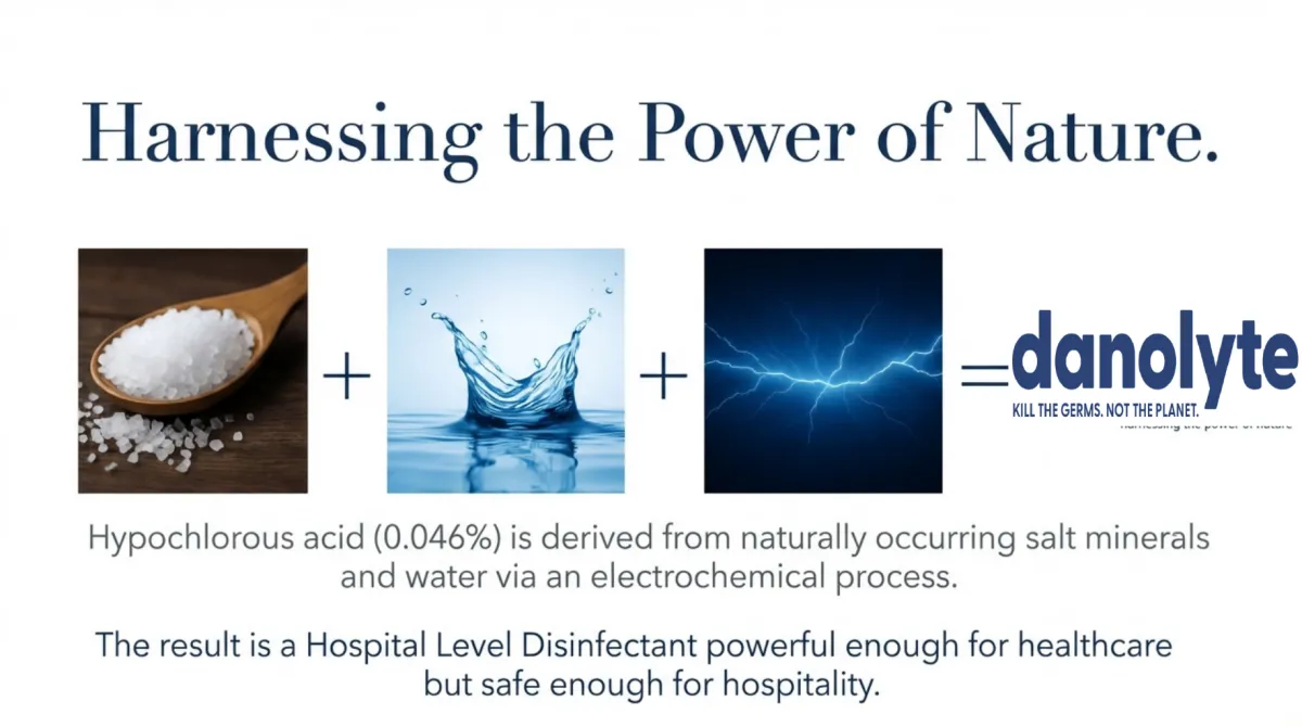 alt="Harnessing the Power of Nature — salt minerals + water + electricity = Danolyte; hypochlorous acid (0.046%) derived via an electrochemical process; result: a hospital-level disinfectant powerful enough for healthcare yet safe enough for hospitality"