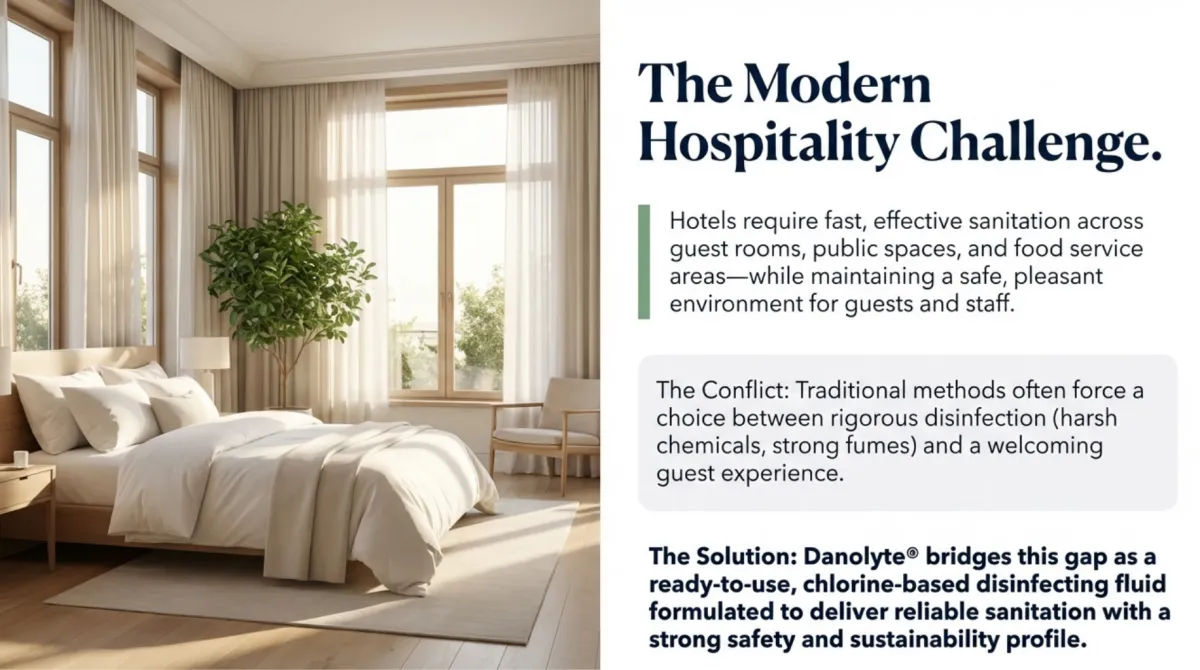 alt="The Modern Hospitality Challenge — hotels need fast, effective sanitation across guest rooms, public spaces, and food service while maintaining a safe, pleasant environment for guests and staff; conflict: traditional disinfection brings harsh chemicals and strong fumes; solution: Danolyte ready-to-use chlorine-based disinfecting fluid with a strong safety and sustainability profile"