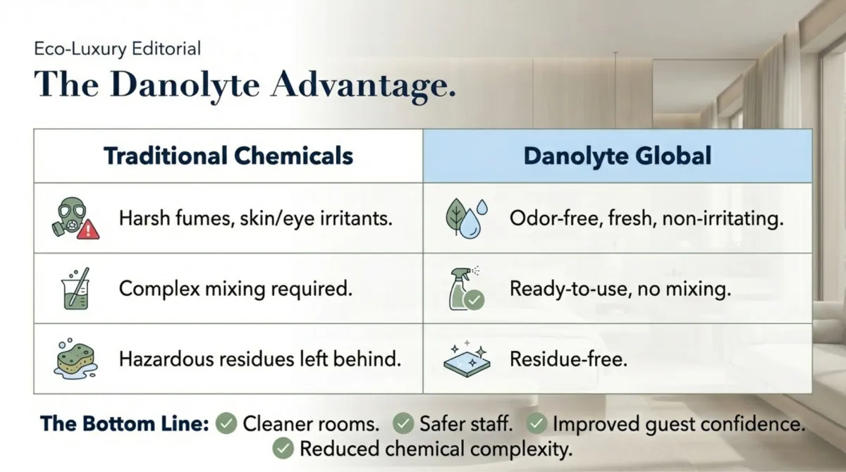 alt="The Danolyte Advantage — traditional chemicals: harsh fumes and skin/eye irritants, complex mixing required, hazardous residues left behind; Danolyte Global: odor-free, fresh, non-irritating, ready-to-use with no mixing, residue-free; bottom line: cleaner rooms, safer staff, improved guest confidence, reduced chemical complexity"