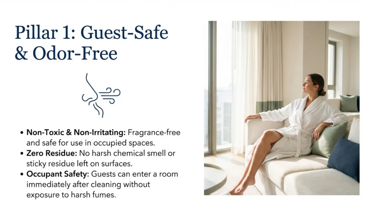 alt="Pillar 1: Guest-Safe & Odor-Free — non-toxic and non-irritating, fragrance-free and safe for occupied spaces; zero residue with no harsh chemical smell or sticky residue; occupancy safety so guests can enter immediately after cleaning without exposure to harsh fumes"