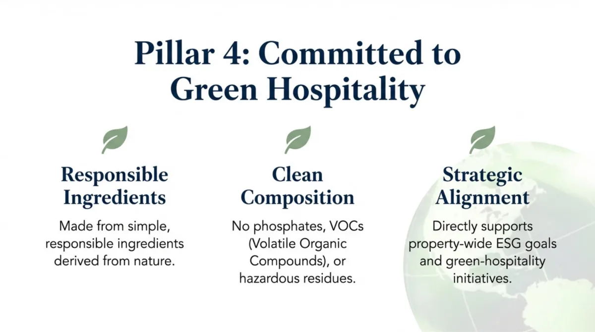 alt="Pillar 4: Committed to Green Hospitality — responsible ingredients derived from nature; clean composition with no phosphates, VOCs (volatile organic compounds), or hazardous residues; strategic alignment that supports property-wide ESG goals and green-hospitality initiatives"