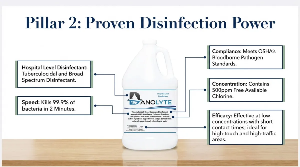 alt="Pillar 2: Proven Disinfection Power — hospital level disinfectant (tuberculocidal and broad spectrum); kills 99.9% of bacteria in 2 minutes; meets OSHA bloodborne pathogen standards; contains 500ppm free available chlorine; effective at low concentrations with short contact times, ideal for high-touch and high-traffic hospitality areas"