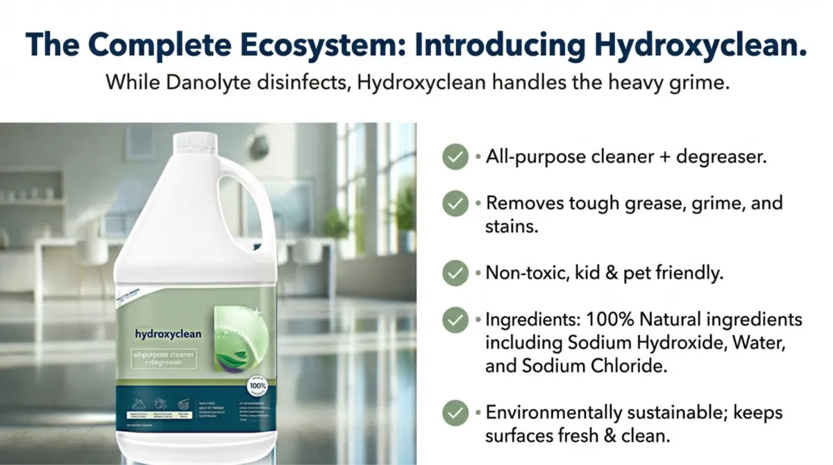 alt="The Complete Ecosystem: Introducing HydroxyClean — while Danolyte disinfects, HydroxyClean handles heavy grime; all-purpose cleaner and degreaser that removes tough grease, grime, and stains; non-toxic, kid and pet friendly; ingredients listed as sodium hydroxide, water, and sodium chloride; environmentally sustainable for keeping surfaces fresh and clean"