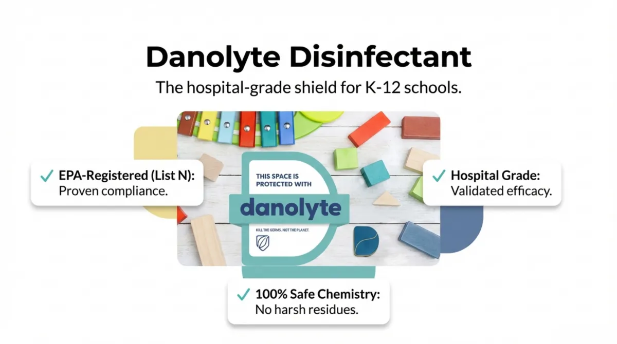 alt="Product positioning graphic: Danolyte Disinfectant — The hospital-grade shield for K-12 schools. Callouts: EPA-Registered (List N): Proven compliance. Hospital Grade: Validated efficacy. 100% Safe Chemistry: No harsh residues. Badge: 'This space is protected with danolyte' and tagline 'Kill the germs. Not the planet.'"
