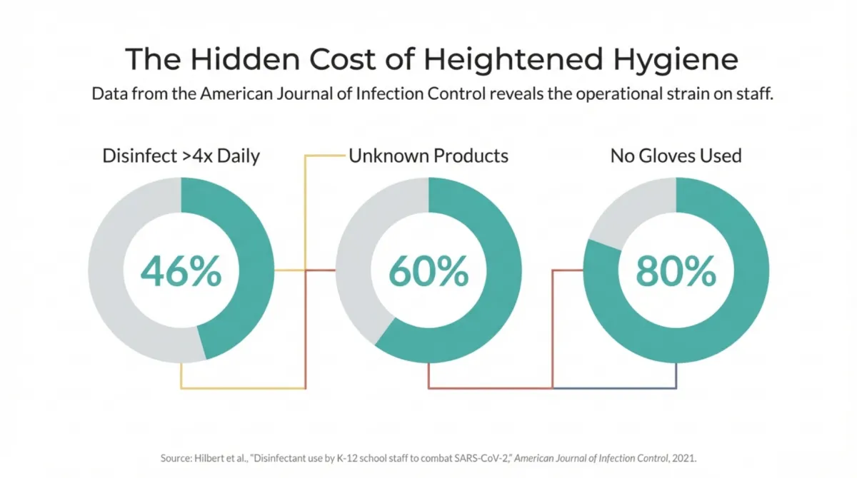 alt="Staff strain infographic: The Hidden Cost of Heightened Hygiene — Data from the American Journal of Infection Control reveals operational strain on staff: Disinfect >4x Daily (46%), Unknown Products (60%), No Gloves Used (80%). Source line shown: Hilbert et al., 'Disinfectant use by K-12 school staff to combat SARS-CoV-2,' American Journal of Infection Control, 2021."
