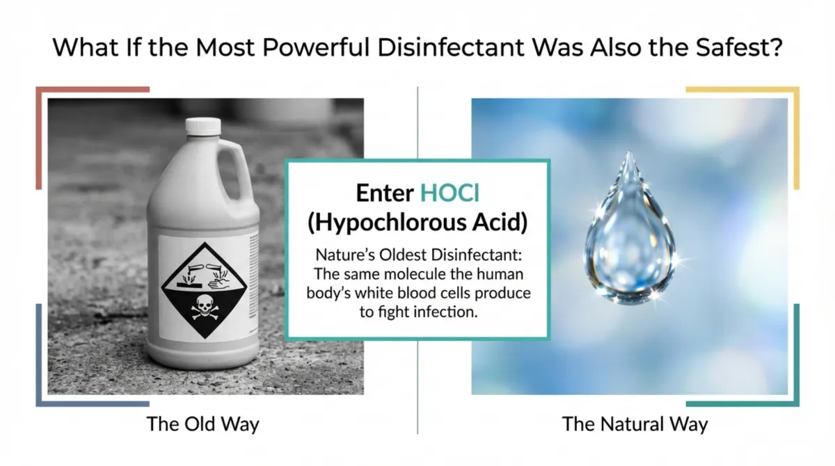 alt="Comparison graphic: What if the Most Powerful Disinfectant was also the safest? Enter HOCl (Hypochlorous Acid) — Nature’s Oldest Disinfectant; the same molecule the human body’s white blood cells produce to fight infection. Left: The Old Way (hazard chemical jug). Right: The Natural Way (water drop)."