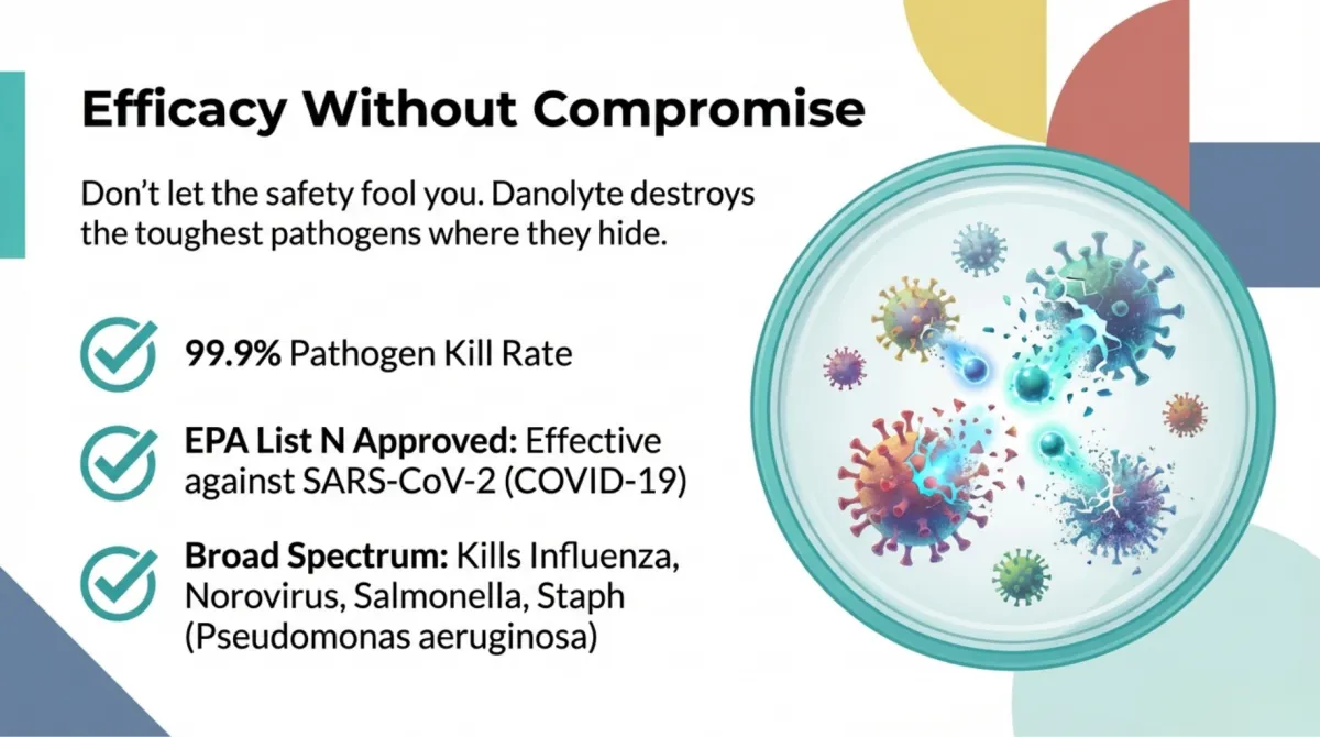 alt="Efficacy infographic: Efficacy Without Compromise — Don’t let the safety fool you. Danolyte destroys the toughest pathogens where they hide. 99.9% Pathogen Kill Rate. EPA List N Approved: Effective against SARS-CoV-2 (COVID-19). Broad Spectrum: Kills Influenza, Norovirus, Salmonella, Staph (Pseudomonas aeruginosa)."