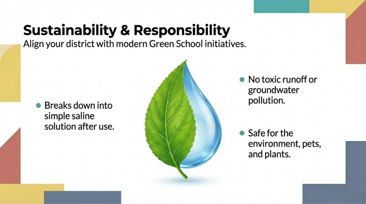 alt="Sustainability & Responsibility — Align your district with modern Green School initiatives; breaks down into simple saline solution after use; no toxic runoff or groundwater pollution; safe for the environment, pets, and plants."
