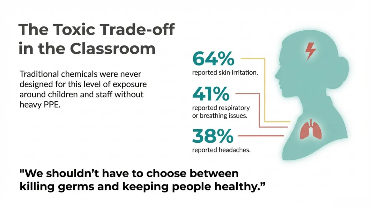 alt="Exposure infographic: The Toxic Trade-off in the Classroom — Traditional chemicals were never designed for this level of exposure around children and staff without heavy PPE. 64% reported skin irritation. 41% reported respiratory or breathing issues. 38% reported headaches. Quote: 'We shouldn’t have to choose between killing germs and keeping people healthy.'"