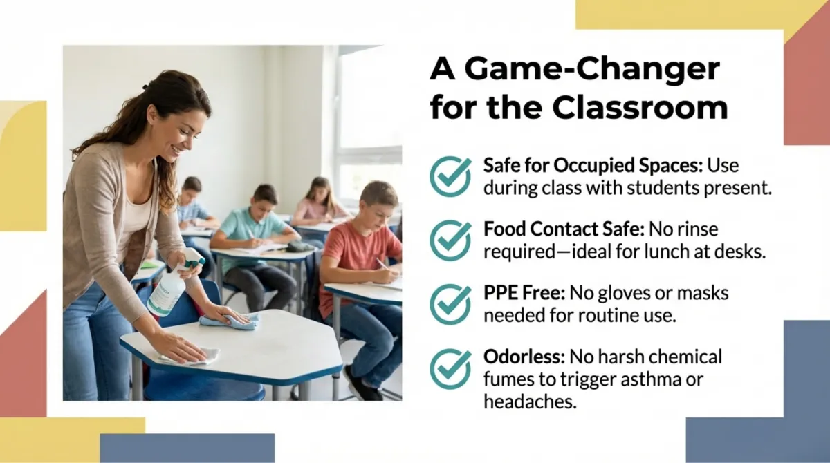 alt="Use-case infographic: A Game-Changer for the Classroom — Safe for Occupied Spaces: use during class with students present. Food Contact Safe: no rinse required—ideal for lunch at desks. PPE Free: no gloves or masks needed for routine use. Odorless: no harsh chemical fumes to trigger asthma or headaches."