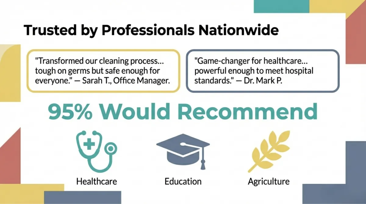alt="Trusted by Professionals Nationwide — testimonials: 'Transformed our cleaning process… tough on germs but safe enough for everyone!' — Sarah T., Office Manager; 'Game-changer for healthcare… powerful enough to meet hospital standards.' — Dr. Mark P.; 95% Would Recommend across Healthcare, Education, and Agriculture."