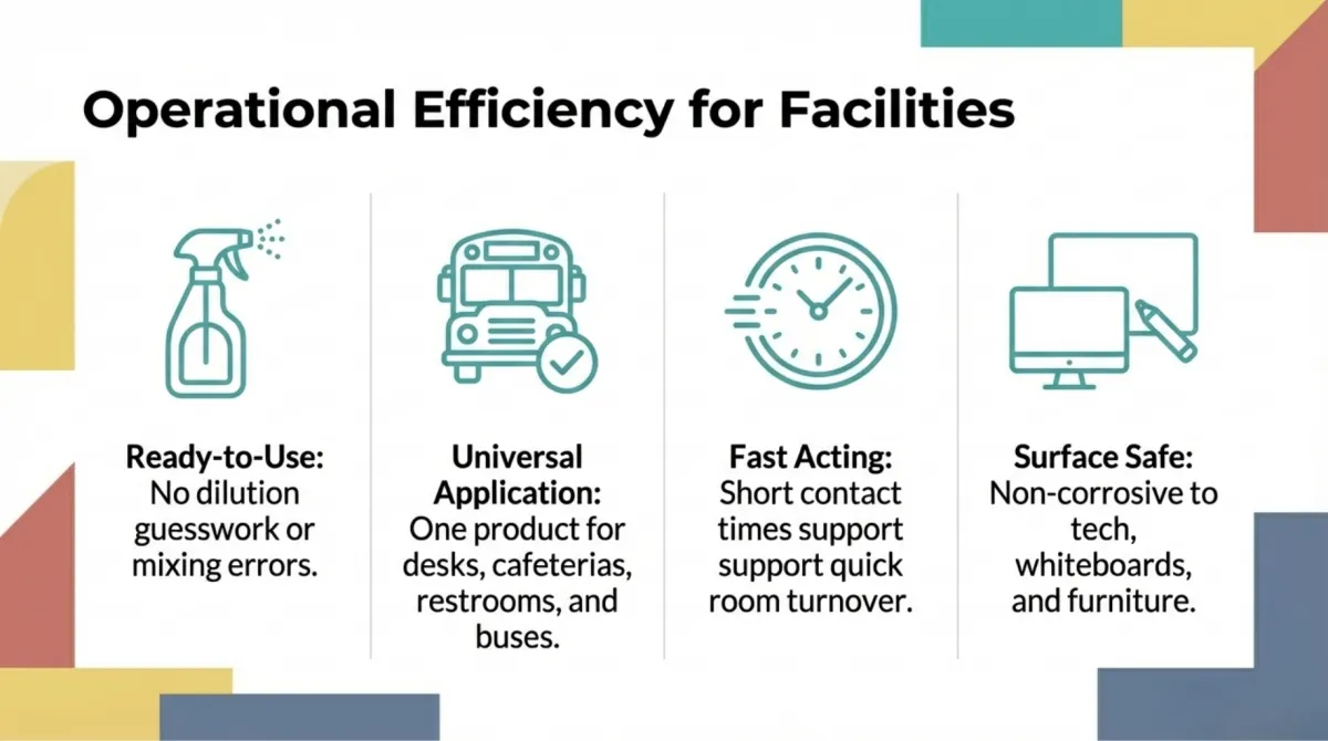 alt="Facilities infographic: Operational Efficiency for Facilities — Ready-to-Use: no dilution guesswork or mixing errors. Universal Application: one product for desks, cafeterias, restrooms, and buses. Fast Acting: short contact times support quick room turnover. Surface Safe: non-corrosive to tech, whiteboards, and furniture."