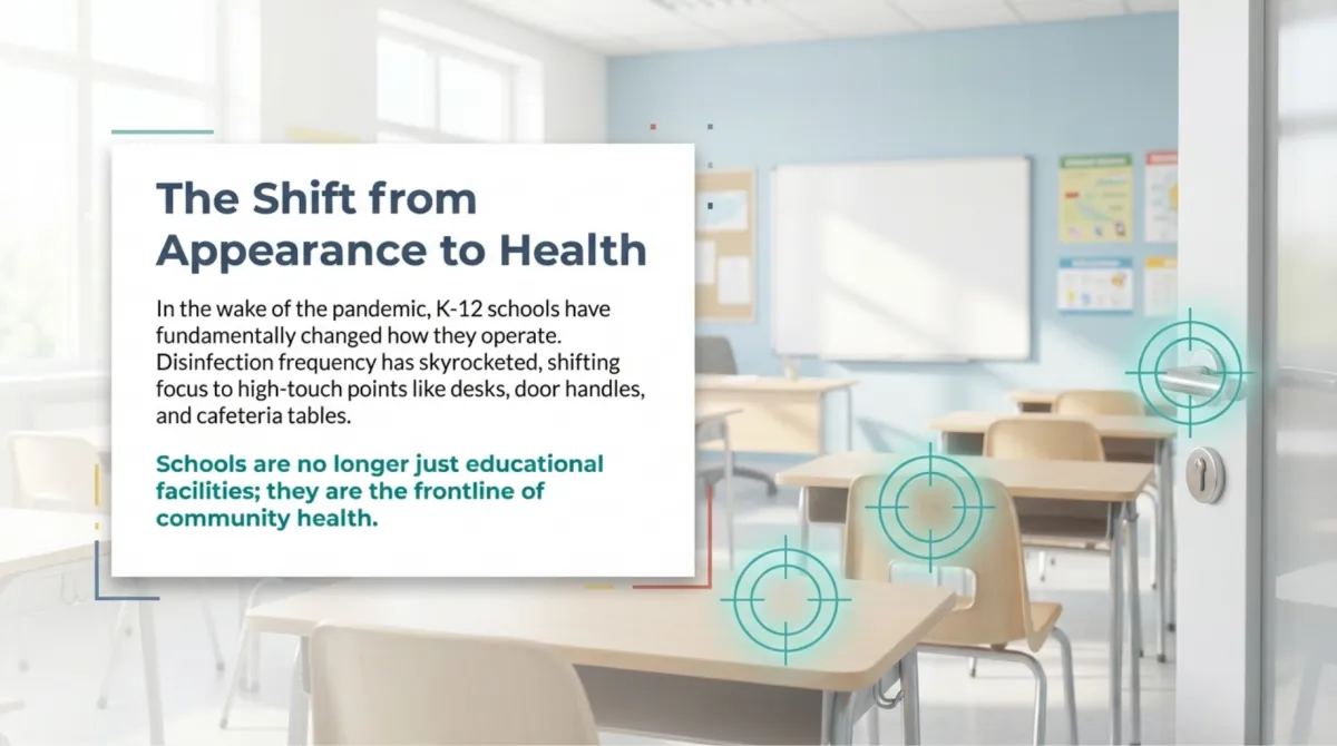 alt="Classroom infographic: The Shift from Appearance to Health — In the wake of the pandemic, K-12 schools have fundamentally changed how they operate. Disinfection frequency has skyrocketed, shifting focus to high-touch points like desks, door handles, and cafeteria tables. Schools are no longer just educational facilities; they are the frontline of community health."