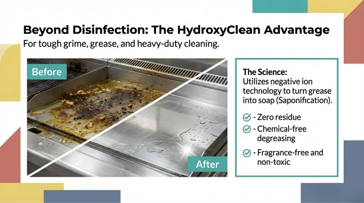 alt="Cleaner/degreaser infographic: Beyond Disinfection: The HydroxyClean Advantage — For tough grime, grease, and heavy-duty cleaning. Before/After grill surface shown. The Science: Utilizes negative ion technology to turn grease into soap (Saponification). Benefits: Zero residue, Chemical-free degreasing, Fragrance-free and non-toxic."