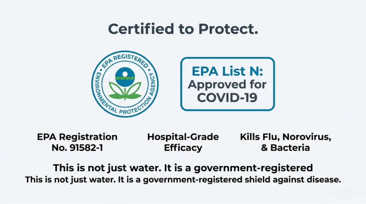 alt="EPA-registered disinfectant (91582-1) — EPA List N; hospital-grade efficacy against flu, norovirus, and bacteria"